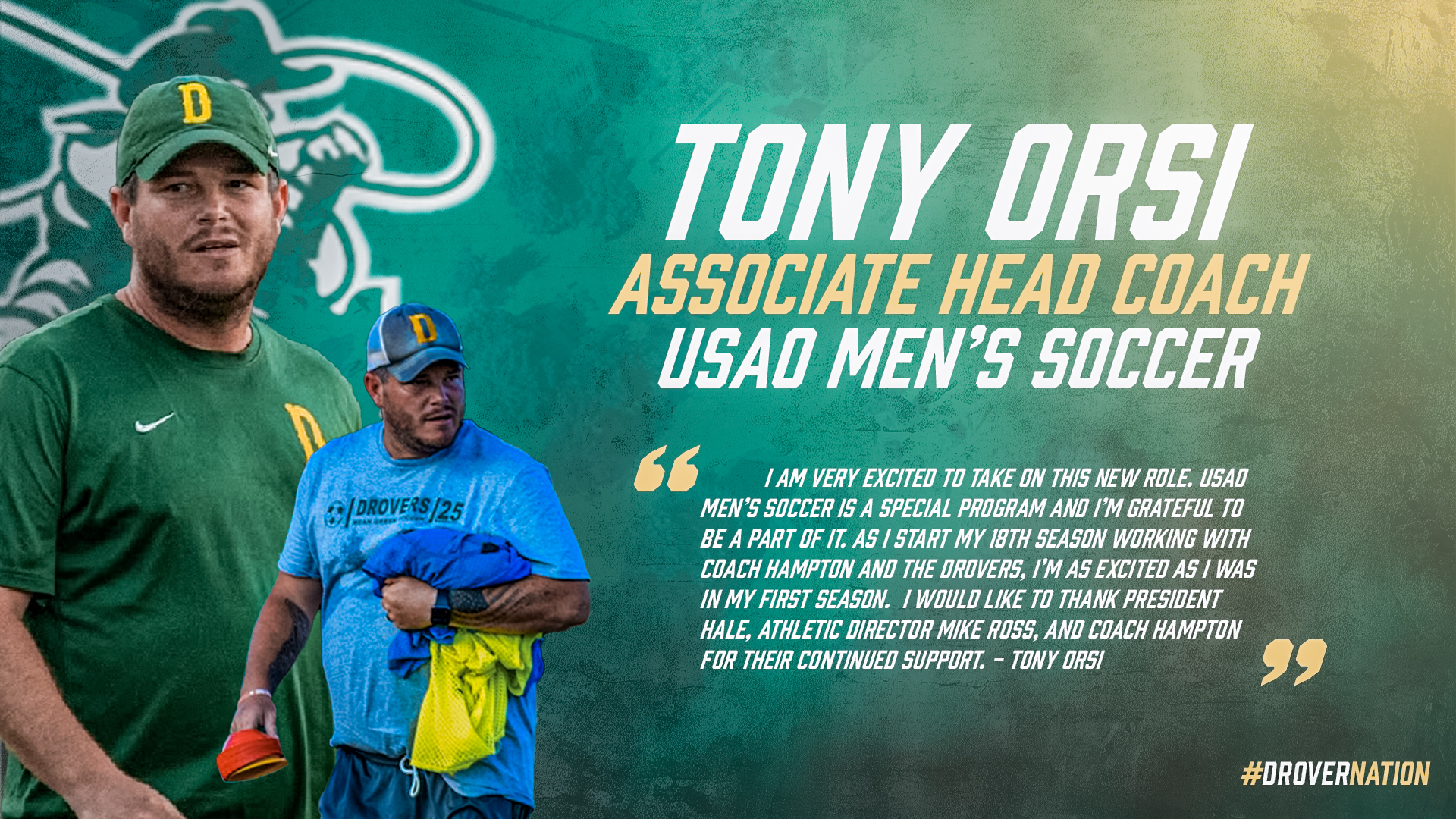 Tony Orsi promoted to associate head coach graphic. featuring images of orsi on a green background and a quote.